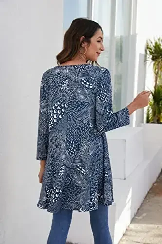 ENMAIN Womens Tops 3/4 Sleeve Plus Size Tunics to Wear with Leggings Dressy Casual Loose Blouses Swing Flare T-Shirt S-5XL - 2