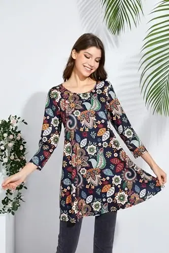 ENMAIN Womens Tops 3/4 Sleeve Plus Size Tunics to Wear with Leggings Dressy Casual Loose Blouses Swing Flare T-Shirt S-5XL - 5