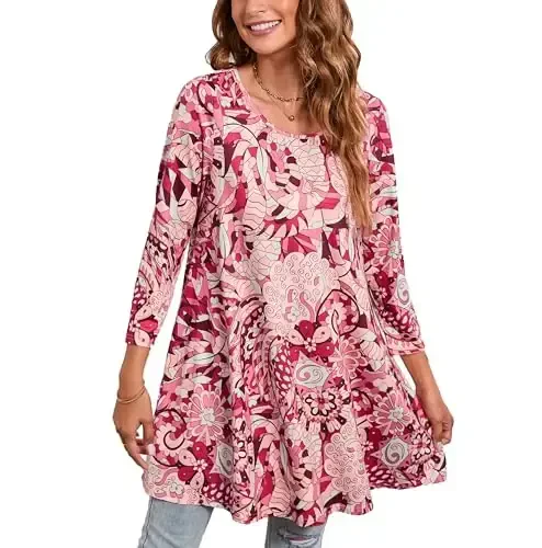 ENMAIN Womens Tops 3/4 Sleeve Plus Size Tunics to Wear with Leggings Dressy Casual Loose Blouses Swing Flare T-Shirt S-5XL - ENMAIN