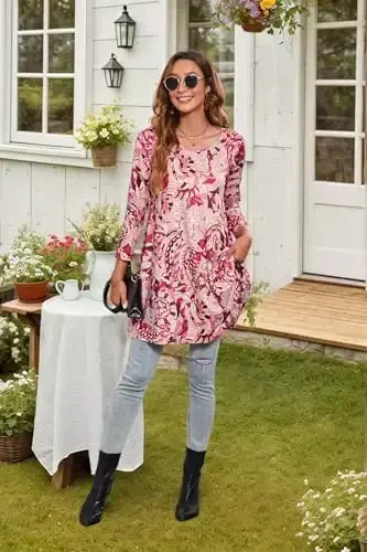 ENMAIN Womens Tops 3/4 Sleeve Plus Size Tunics to Wear with Leggings Dressy Casual Loose Blouses Swing Flare T-Shirt S-5XL - 5