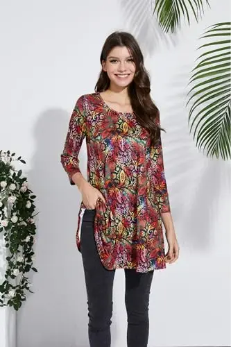 ENMAIN Womens Tops 3/4 Sleeve Plus Size Tunics to Wear with Leggings Dressy Casual Loose Blouses Swing Flare T-Shirt S-5XL - 4