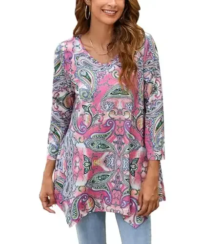 ENMAIN Womens Tops 3/4 Sleeve Plus Size Tunics to Wear with Leggings Dressy Casual Loose Blouses Swing Flare T-Shirt S-5XL - 1