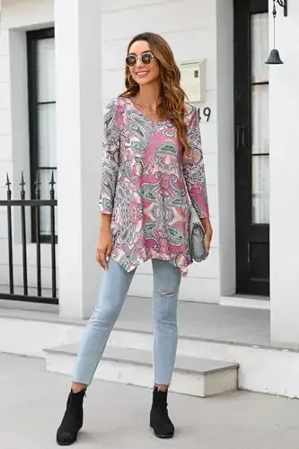 ENMAIN Womens Tops 3/4 Sleeve Plus Size Tunics to Wear with Leggings Dressy Casual Loose Blouses Swing Flare T-Shirt S-5XL - 5