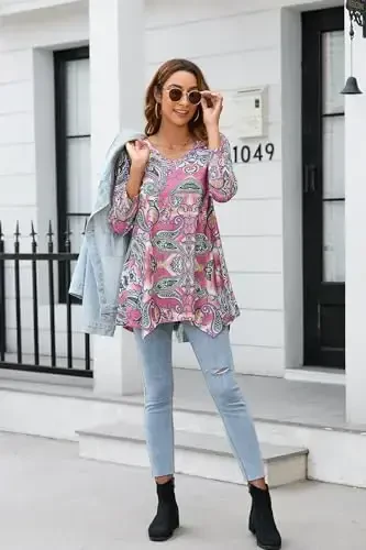 ENMAIN Womens Tops 3/4 Sleeve Plus Size Tunics to Wear with Leggings Dressy Casual Loose Blouses Swing Flare T-Shirt S-5XL - 6