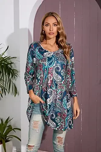 ENMAIN Womens Tops 3/4 Sleeve Plus Size Tunics to Wear with Leggings Dressy Casual Loose Blouses Swing Flare T-Shirt S-5XL - 3