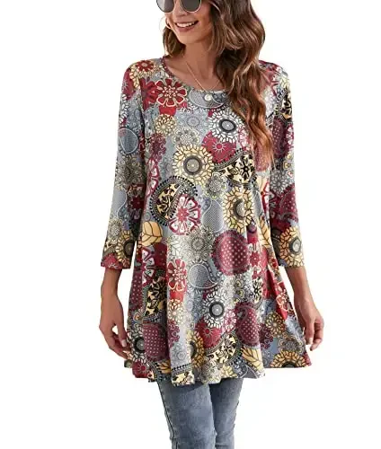 ENMAIN Womens Tops 3/4 Sleeve Plus Size Tunics to Wear with Leggings Dressy Casual Loose Blouses Swing Flare T-Shirt S-5XL - 1