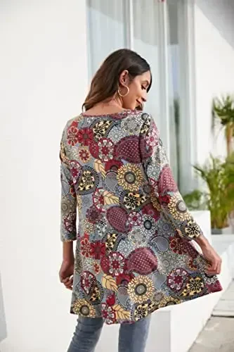 ENMAIN Womens Tops 3/4 Sleeve Plus Size Tunics to Wear with Leggings Dressy Casual Loose Blouses Swing Flare T-Shirt S-5XL - ENMAIN (1)