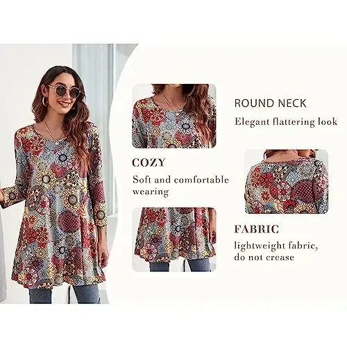 ENMAIN Womens Tops 3/4 Sleeve Plus Size Tunics to Wear with Leggings Dressy Casual Loose Blouses Swing Flare T-Shirt S-5XL - 6