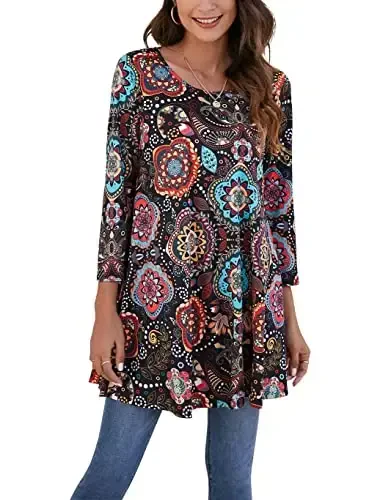 ENMAIN Womens Tops 3/4 Sleeve Plus Size Tunics to Wear with Leggings Dressy Casual Loose Blouses Swing Flare T-Shirt S-5XL - 1