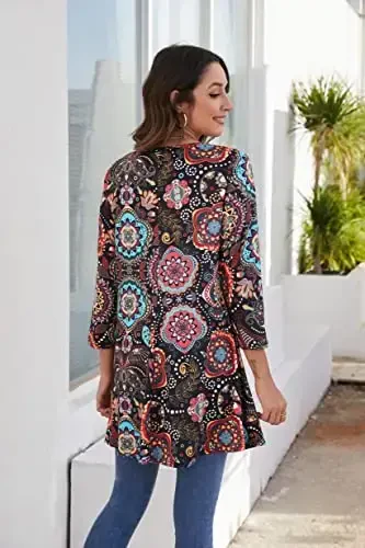 ENMAIN Womens Tops 3/4 Sleeve Plus Size Tunics to Wear with Leggings Dressy Casual Loose Blouses Swing Flare T-Shirt S-5XL - 2