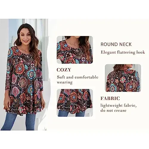 ENMAIN Womens Tops 3/4 Sleeve Plus Size Tunics to Wear with Leggings Dressy Casual Loose Blouses Swing Flare T-Shirt S-5XL - 6