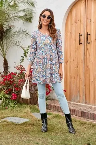 ENMAIN Womens Tops 3/4 Sleeve Plus Size Tunics to Wear with Leggings Dressy Casual Loose Blouses Swing Flare T-Shirt S-5XL - 5