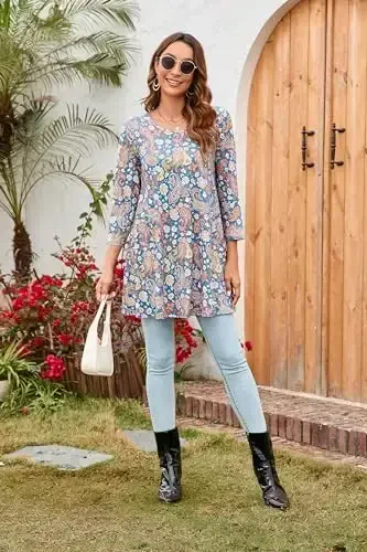 ENMAIN Womens Tops 3/4 Sleeve Plus Size Tunics to Wear with Leggings Dressy Casual Loose Blouses Swing Flare T-Shirt S-5XL - 5