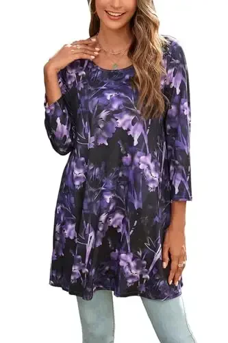 ENMAIN Womens Tops 3/4 Sleeve Plus Size Tunics to Wear with Leggings Dressy Casual Loose Blouses Swing Flare T-Shirt S-5XL 