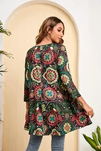 ENMAIN Womens Tops 3/4 Sleeve Plus Size Tunics to Wear with Leggings Dressy Casual Loose Blouses Swing Flare T-Shirt S-5XL - 2
