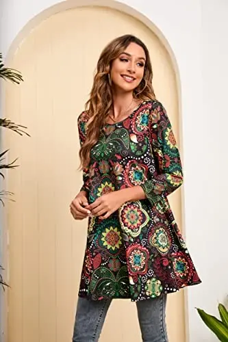 ENMAIN Womens Tops 3/4 Sleeve Plus Size Tunics to Wear with Leggings Dressy Casual Loose Blouses Swing Flare T-Shirt S-5XL - 4