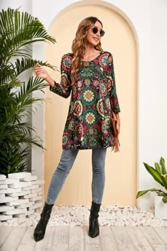 ENMAIN Womens Tops 3/4 Sleeve Plus Size Tunics to Wear with Leggings Dressy Casual Loose Blouses Swing Flare T-Shirt S-5XL - 5