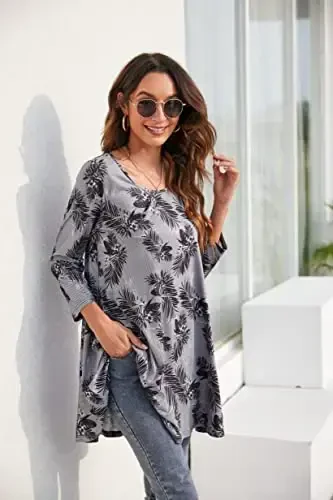 ENMAIN Womens Tops 3/4 Sleeve Plus Size Tunics to Wear with Leggings Dressy Casual Loose Blouses Swing Flare T-Shirt S-5XL - 6