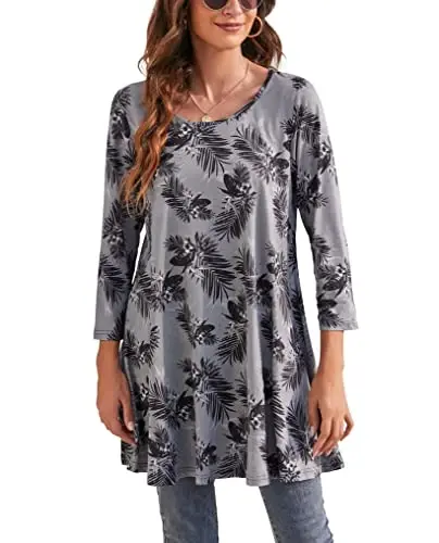 ENMAIN Womens Tops 3/4 Sleeve Plus Size Tunics to Wear with Leggings Dressy Casual Loose Blouses Swing Flare T-Shirt S-5XL 