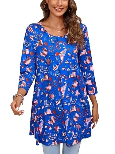 ENMAIN Womens Tops 3/4 Sleeve Plus Size Tunics to Wear with Leggings Dressy Casual Loose Blouses Swing Flare T-Shirt S-5XL - MODAZONE