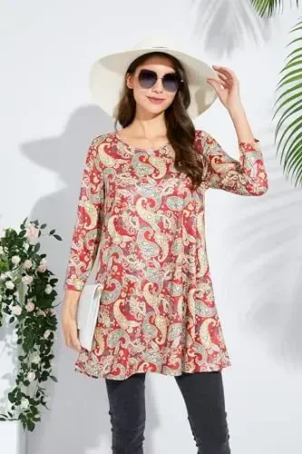 ENMAIN Womens Tops 3/4 Sleeve Plus Size Tunics to Wear with Leggings Dressy Casual Loose Blouses Swing Flare T-Shirt S-5XL - 5