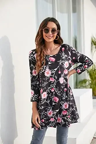 ENMAIN Womens Tops 3/4 Sleeve Plus Size Tunics to Wear with Leggings Dressy Casual Loose Blouses Swing Flare T-Shirt S-5XL - 3