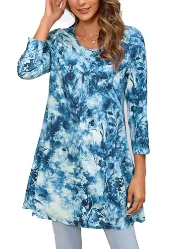 ENMAIN Womens Tops 3/4 Sleeve Plus Size Tunics to Wear with Leggings Dressy Casual Loose Blouses Swing Flare T-Shirt S-5XL - ENMAIN