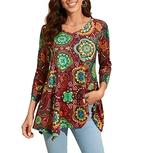 ENMAIN Womens Tops 3/4 Sleeve Plus Size Tunics to Wear with Leggings Dressy Casual Loose Blouses Swing Flare T-Shirt S-5XL - ENMAIN