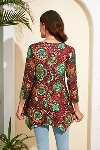 ENMAIN Womens Tops 3/4 Sleeve Plus Size Tunics to Wear with Leggings Dressy Casual Loose Blouses Swing Flare T-Shirt S-5XL - 2