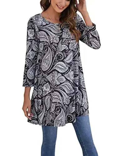 ENMAIN Womens Tops 3/4 Sleeve Plus Size Tunics to Wear with Leggings Dressy Casual Loose Blouses Swing Flare T-Shirt S-5XL 