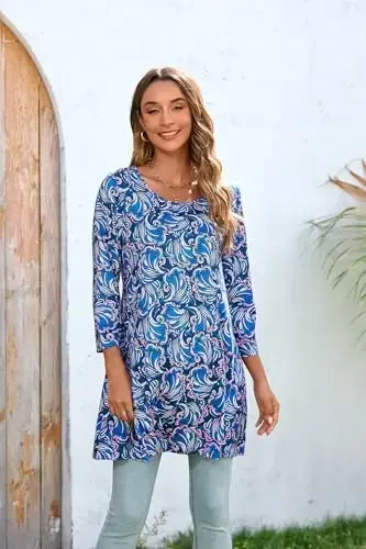 ENMAIN Womens Tops 3/4 Sleeve Plus Size Tunics to Wear with Leggings Dressy Casual Loose Blouses Swing Flare T-Shirt S-5XL - 2