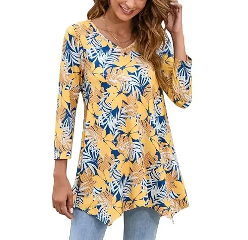 ENMAIN Womens Tops 3/4 Sleeve Plus Size Tunics to Wear with Leggings Dressy Casual Loose Blouses Swing Flare T-Shirt S-5XL 