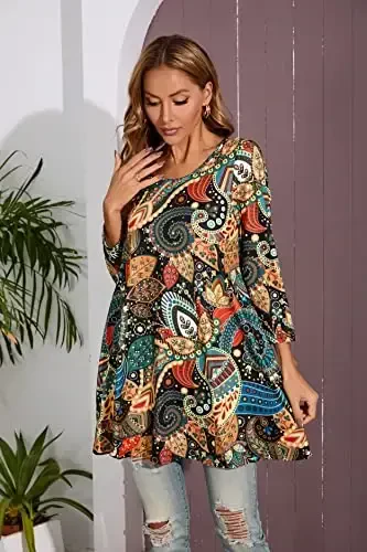 ENMAIN Womens Tops 3/4 Sleeve Plus Size Tunics to Wear with Leggings Dressy Casual Loose Blouses Swing Flare T-Shirt S-5XL - 4