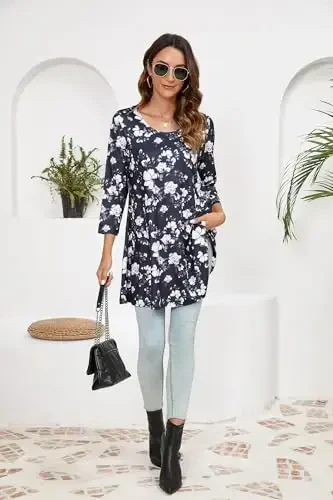 ENMAIN Womens Tops 3/4 Sleeve Plus Size Tunics to Wear with Leggings Dressy Casual Loose Blouses Swing Flare T-Shirt S-5XL - 6