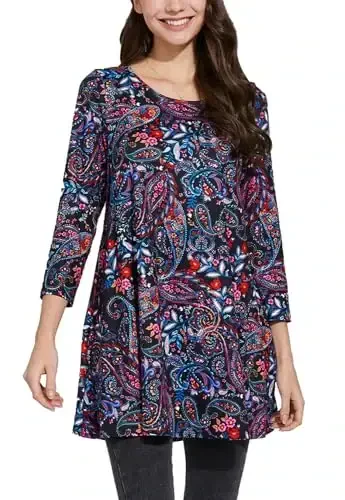 ENMAIN Womens Tops 3/4 Sleeve Plus Size Tunics to Wear with Leggings Dressy Casual Loose Blouses Swing Flare T-Shirt S-5XL - ENMAIN