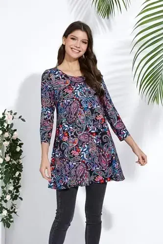 ENMAIN Womens Tops 3/4 Sleeve Plus Size Tunics to Wear with Leggings Dressy Casual Loose Blouses Swing Flare T-Shirt S-5XL - 5