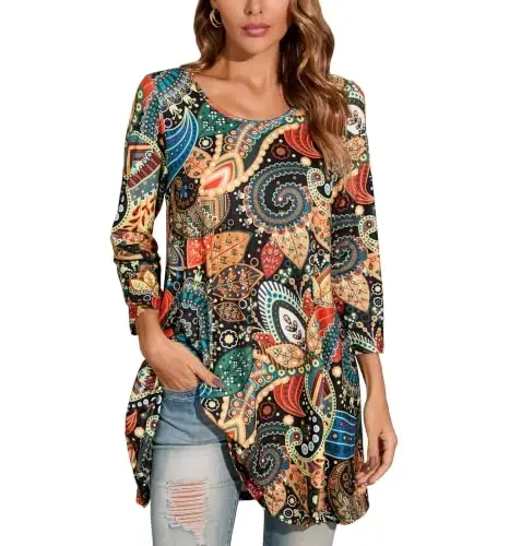 ENMAIN Womens Tops 3/4 Sleeve Plus Size Tunics to Wear with Leggings Dressy Casual Loose Blouses Swing Flare T-Shirt S-5XL - 1