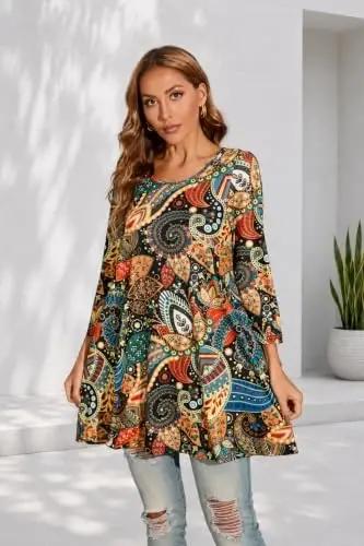 ENMAIN Womens Tops 3/4 Sleeve Plus Size Tunics to Wear with Leggings Dressy Casual Loose Blouses Swing Flare T-Shirt S-5XL - 3