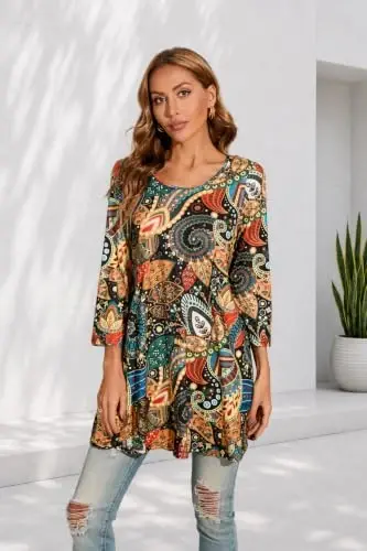 ENMAIN Womens Tops 3/4 Sleeve Plus Size Tunics to Wear with Leggings Dressy Casual Loose Blouses Swing Flare T-Shirt S-5XL - 4