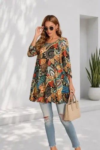 ENMAIN Womens Tops 3/4 Sleeve Plus Size Tunics to Wear with Leggings Dressy Casual Loose Blouses Swing Flare T-Shirt S-5XL - 5