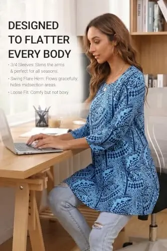 ENMAIN Womens Tops 3/4 Sleeve Tunic Tops Dressy Casual Plus Size Tunic To Wear With Leggings Swing Shirt Loose Fit Blouses - 3