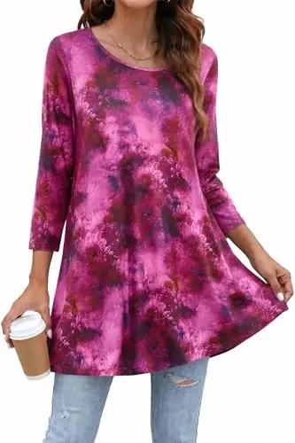 ENMAIN Women's Tops 3/4 Sleeve Tunic Tops Dressy Casual Plus Size Tunic To Wear With Leggings Swing Shirt Loose Fit Blouses 