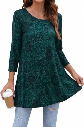 ENMAIN Womens Tops 3/4 Sleeve Tunic Tops Dressy Casual Plus Size Tunic To Wear With Leggings Swing Shirt Loose Fit Blouses 