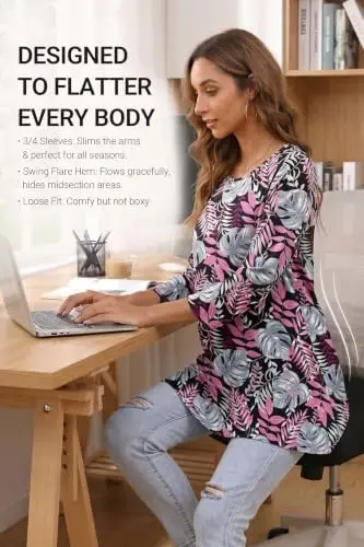 ENMAIN Women's Tops 3/4 Sleeve Tunic Tops Dressy Casual Plus Size Tunic To Wear With Leggings Swing Shirt Loose Fit Blouses - 3