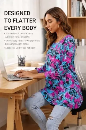ENMAIN Womens Tops 3/4 Sleeve Tunic Tops Dressy Casual Plus Size Tunic To Wear With Leggings Swing Shirt Loose Fit Blouses - 3