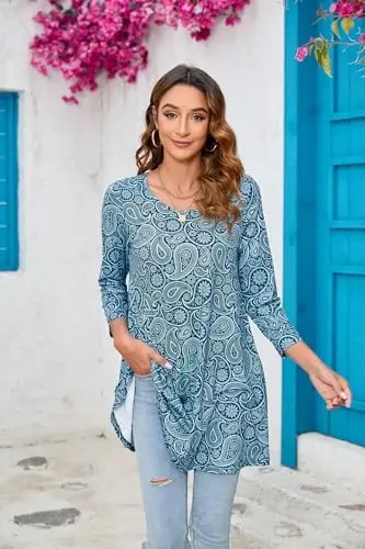 ENMAIN Women's Tops Plus Size Tunic Tops 3/4 Sleeve Flare Hem Paisley Print Loose Fit Casual Blouse to Wear with Leggings - 3