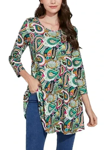 ENMAIN Women's Tops Plus Size Tunic Tops 3/4 Sleeve Flare Hem Paisley Print Loose Fit Casual Blouse to Wear with Leggings - 1
