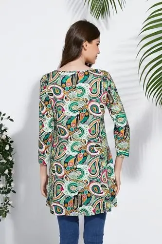 ENMAIN Women's Tops Plus Size Tunic Tops 3/4 Sleeve Flare Hem Paisley Print Loose Fit Casual Blouse to Wear with Leggings - 2