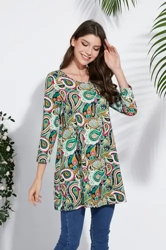 ENMAIN Women's Tops Plus Size Tunic Tops 3/4 Sleeve Flare Hem Paisley Print Loose Fit Casual Blouse to Wear with Leggings - 4