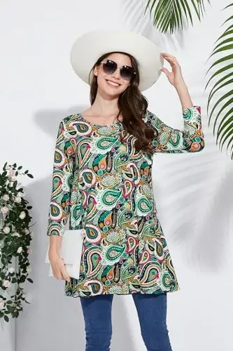 ENMAIN Women's Tops Plus Size Tunic Tops 3/4 Sleeve Flare Hem Paisley Print Loose Fit Casual Blouse to Wear with Leggings - 5